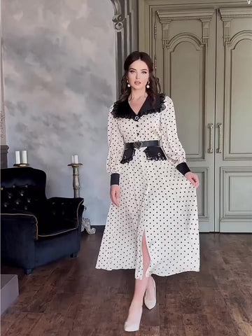 Woochic robe à manches longues col en V trapèze à pois dentelle blanc S